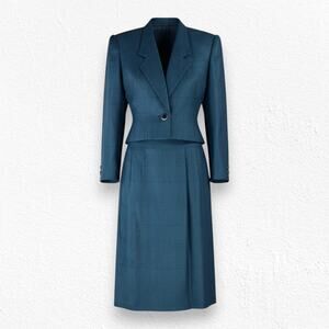 Vintage 80s Green Navy Houndstooth Retro Officecore Power Skirt Suit Set Size 4